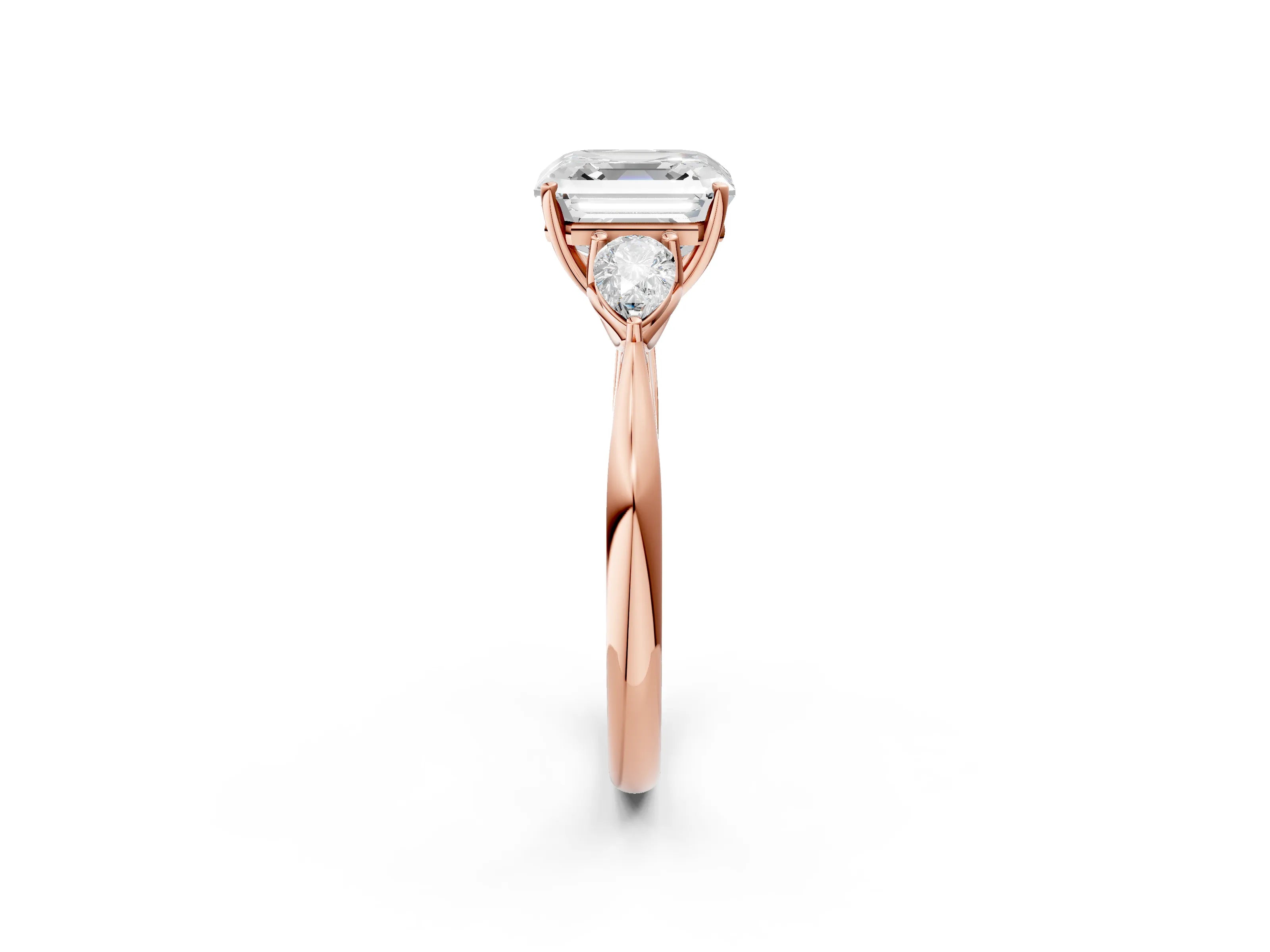 Rose gold Asscher Cut Diamond Three-Stone Ring with Pear with Moissanite side stone Side Stones and Prong Setting_2