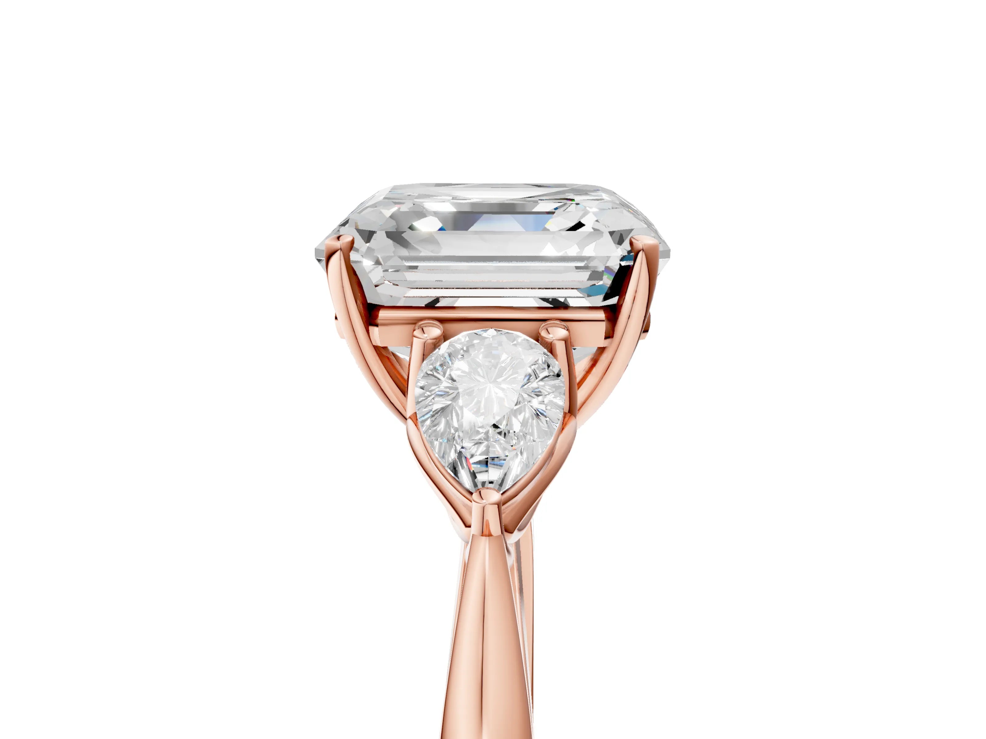 Rose gold Asscher Cut Diamond Three-Stone Ring with Pear with Moissanite side stone Side Stones and Prong Setting_5