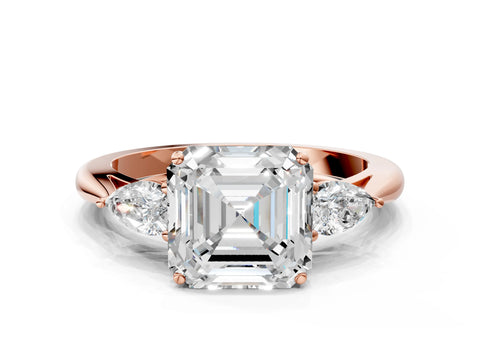 Rose gold Asscher Cut Diamond Three-Stone Ring with Pear with Moissanite side stone Side Stones and Prong Setting