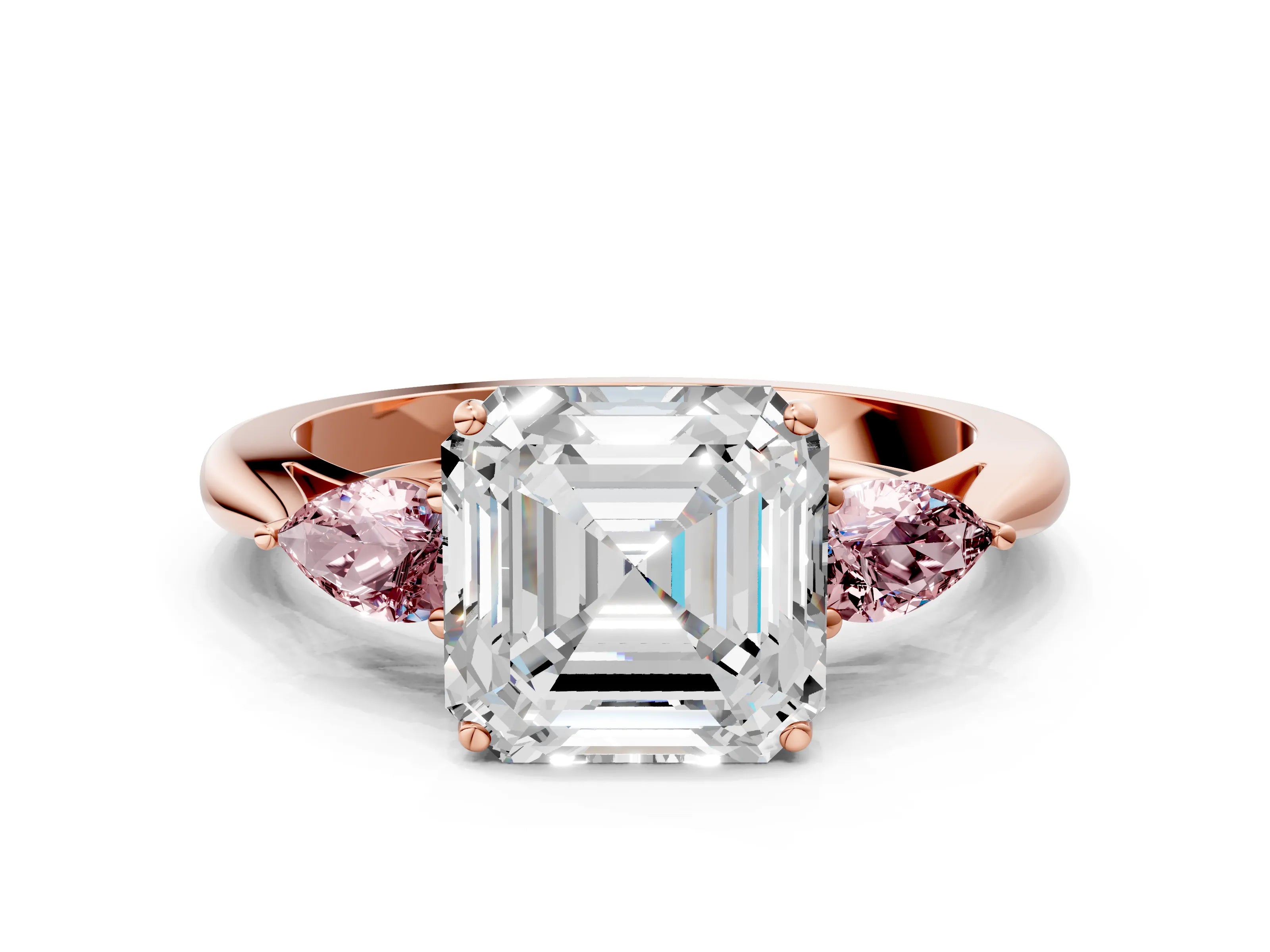 Rose gold Asscher Cut Diamond Three-Stone Ring with Pear with Morganite side stone Side Stones and Prong Setting