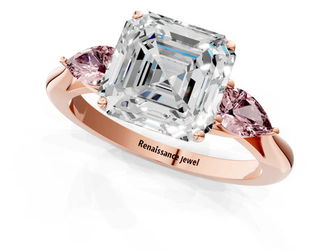 Rose gold Asscher Cut Diamond Three-Stone Ring with Pear with Morganite side stone Side Stones and Prong Setting_1