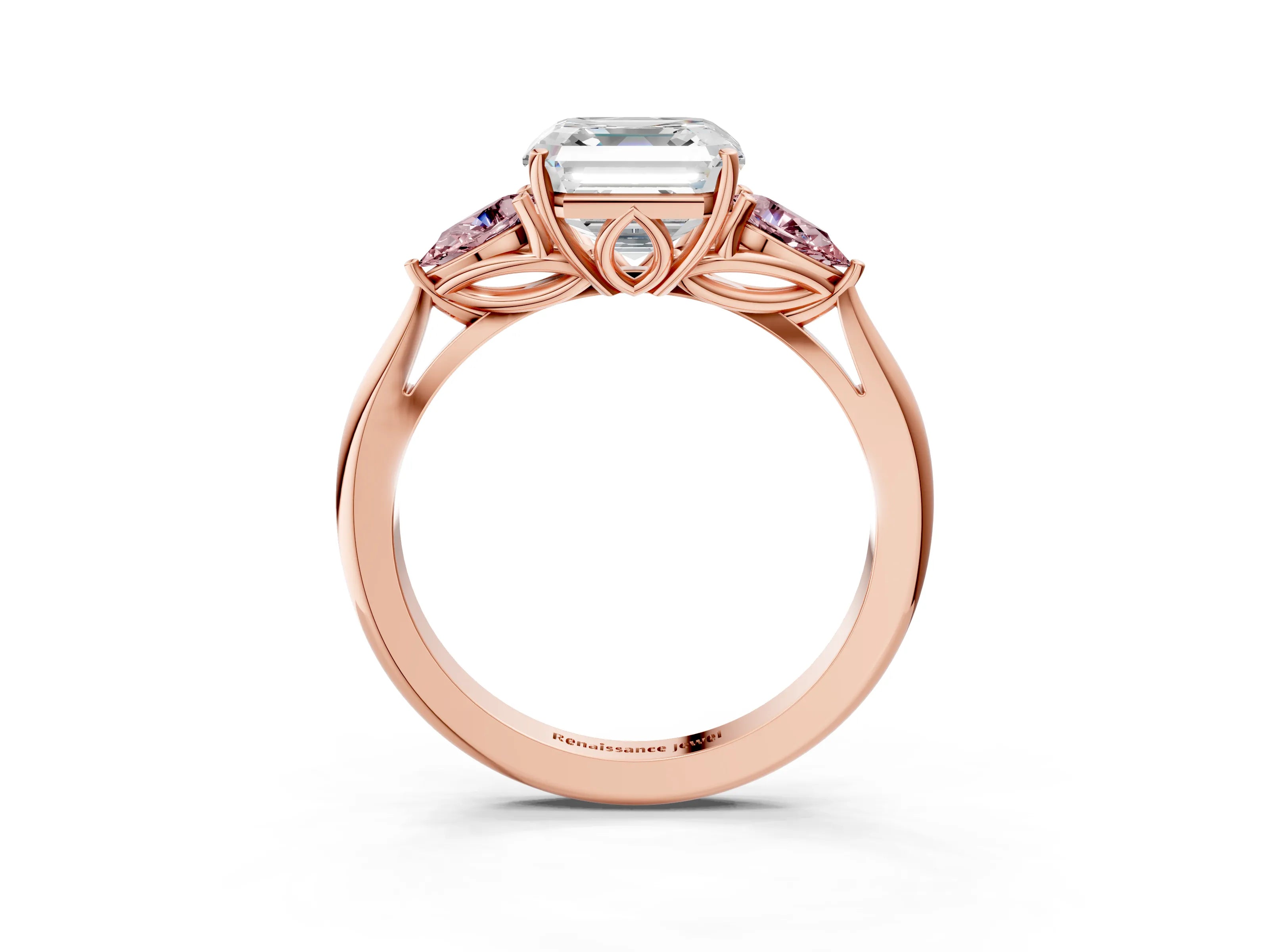 Rose gold Asscher Cut Diamond Three-Stone Ring with Pear with Morganite side stone Side Stones and Prong Setting_3