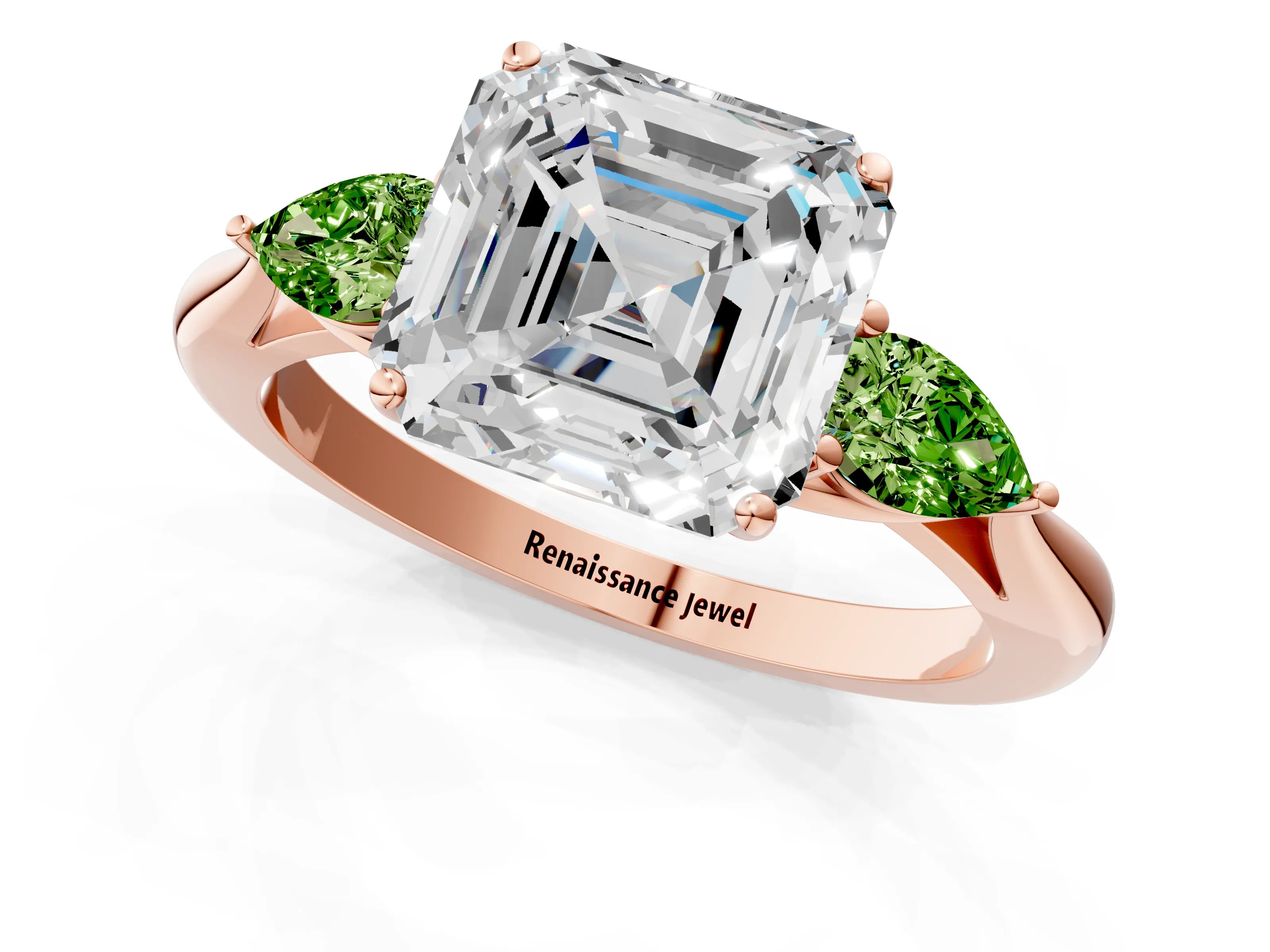 Rose gold Asscher Cut Diamond Three-Stone Ring with Pear with Peridot side stone Side Stones and Prong Setting_1