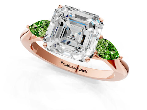 Rose gold Asscher Cut Diamond Three-Stone Ring with Pear with Peridot side stone Side Stones and Prong Setting_1