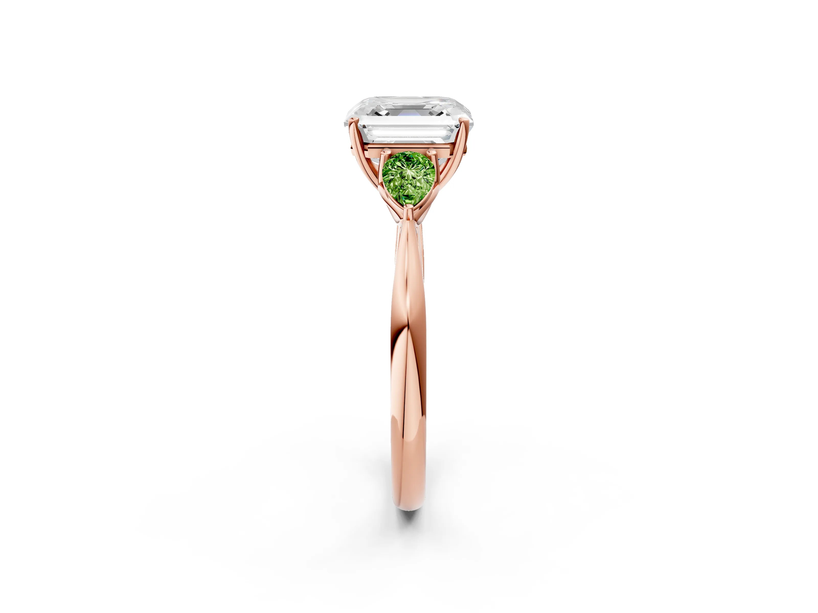 Rose gold Asscher Cut Diamond Three-Stone Ring with Pear with Peridot side stone Side Stones and Prong Setting_2