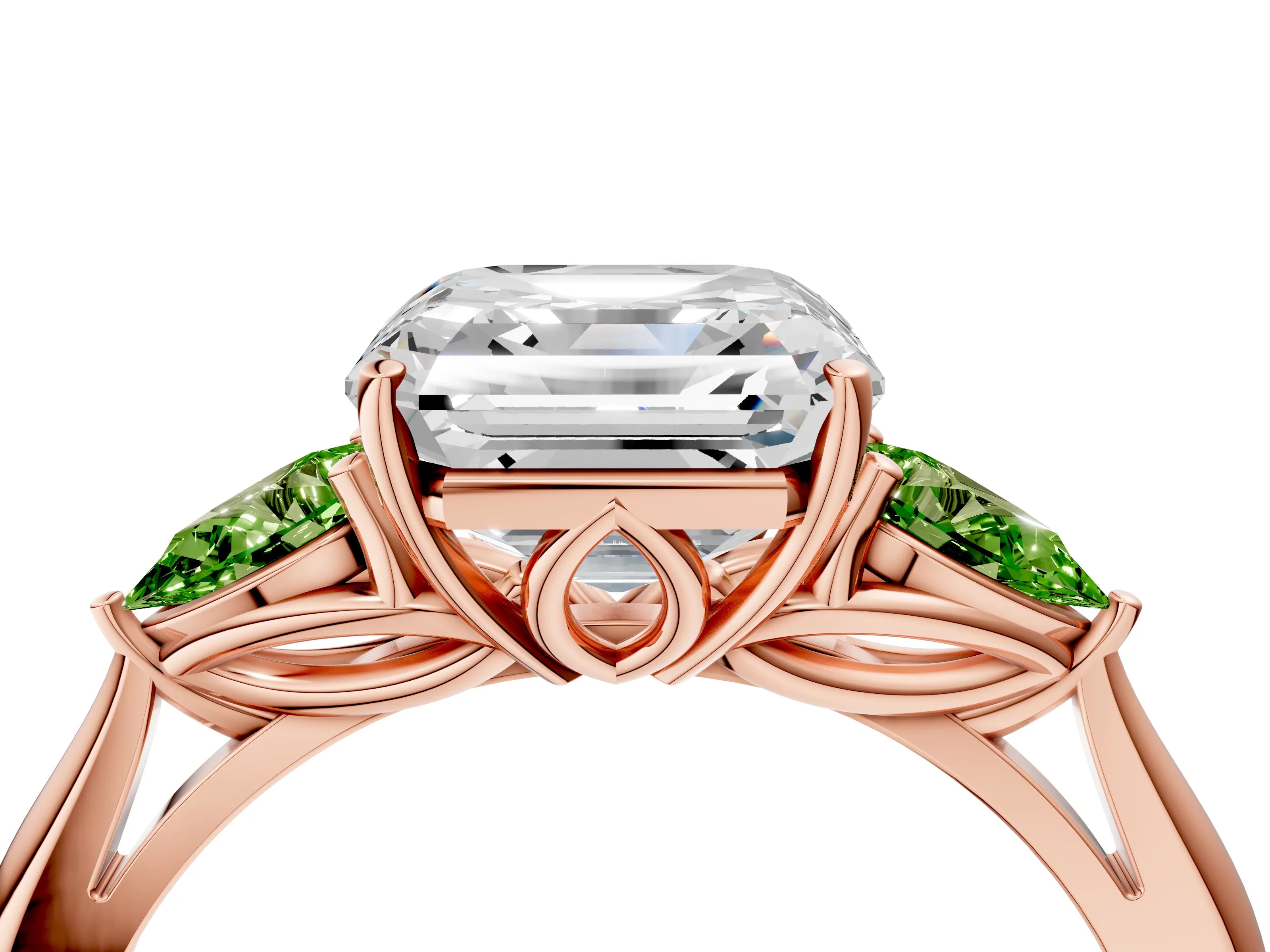 Rose gold Asscher Cut Diamond Three-Stone Ring with Pear with Peridot side stone Side Stones and Prong Setting_4