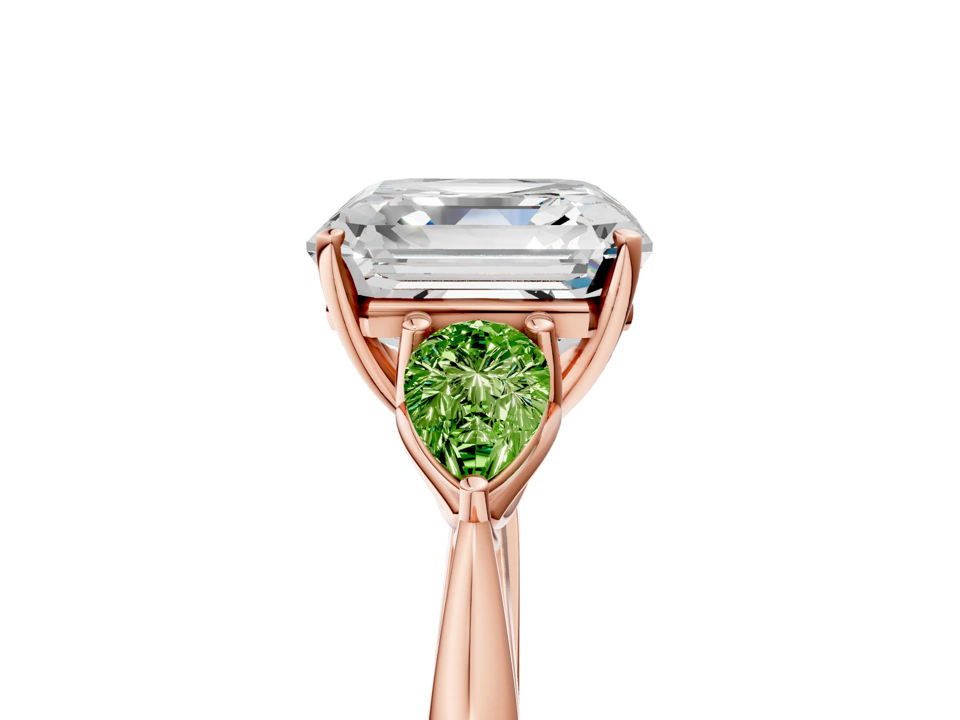 Rose gold Asscher Cut Diamond Three-Stone Ring with Pear with Peridot side stone Side Stones and Prong Setting_5