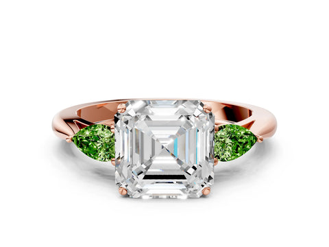 Rose gold Asscher Cut Diamond Three-Stone Ring with Pear with Peridot side stone Side Stones and Prong Setting