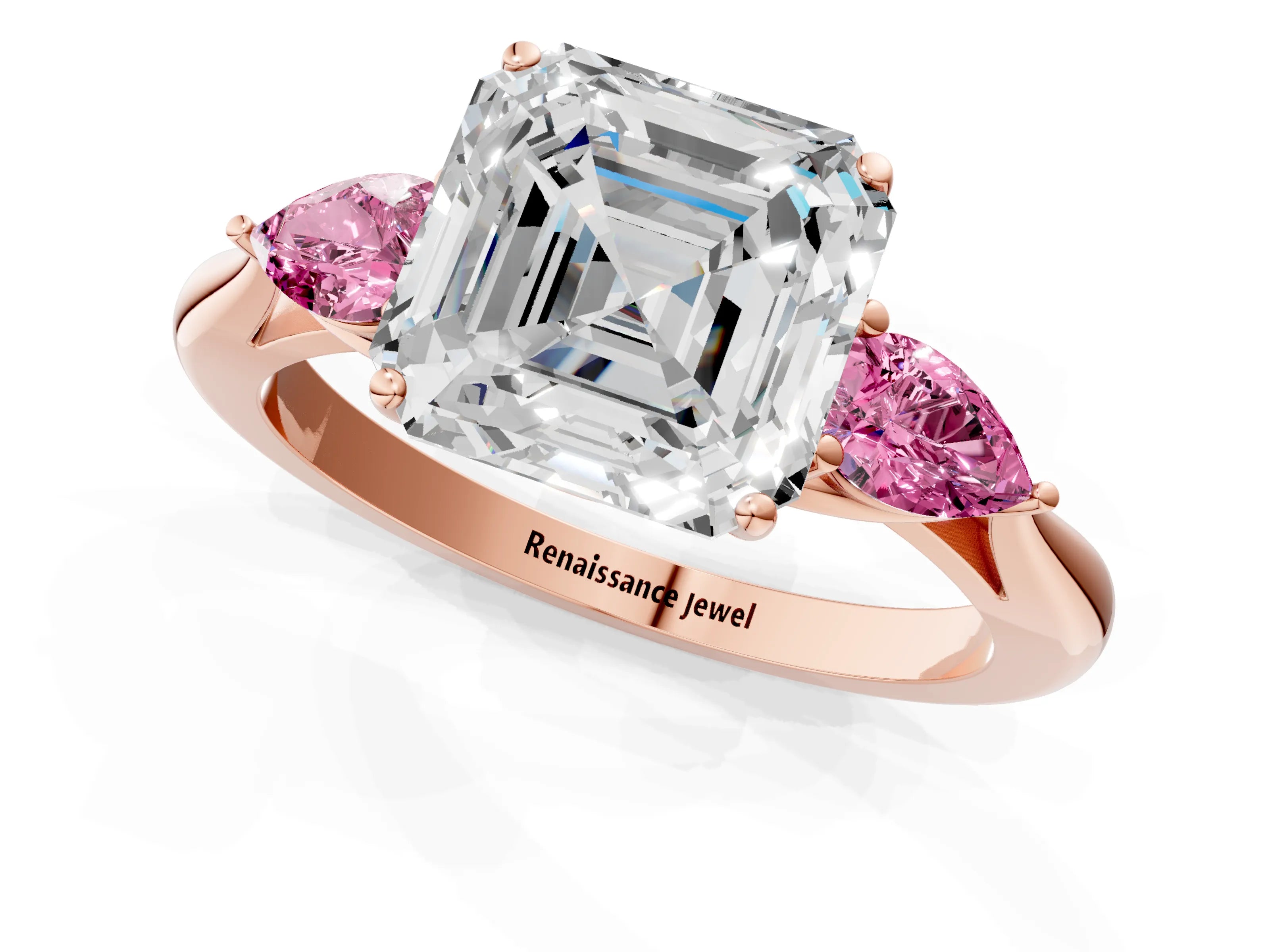 Rose gold Asscher Cut Diamond Three-Stone Ring with Pear with Pink Sapphire side stone Side Stones and Prong Setting_1