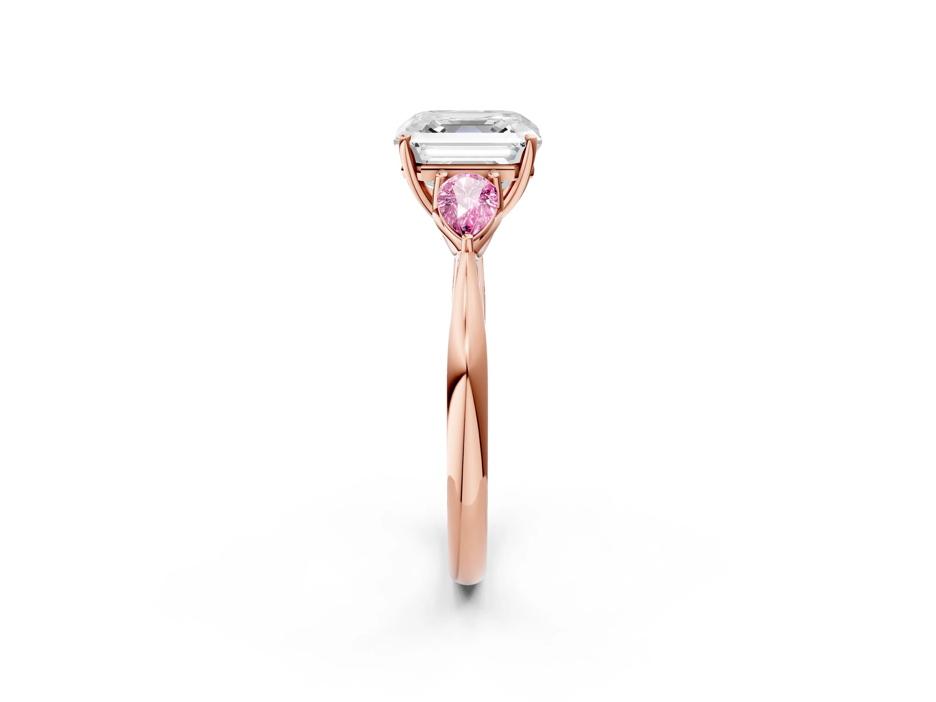 Rose gold Asscher Cut Diamond Three-Stone Ring with Pear with Pink Sapphire side stone Side Stones and Prong Setting_2