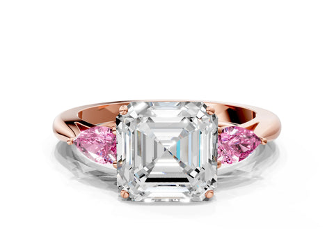 Rose gold Asscher Cut Diamond Three-Stone Ring with Pear with Pink Sapphire side stone Side Stones and Prong Setting