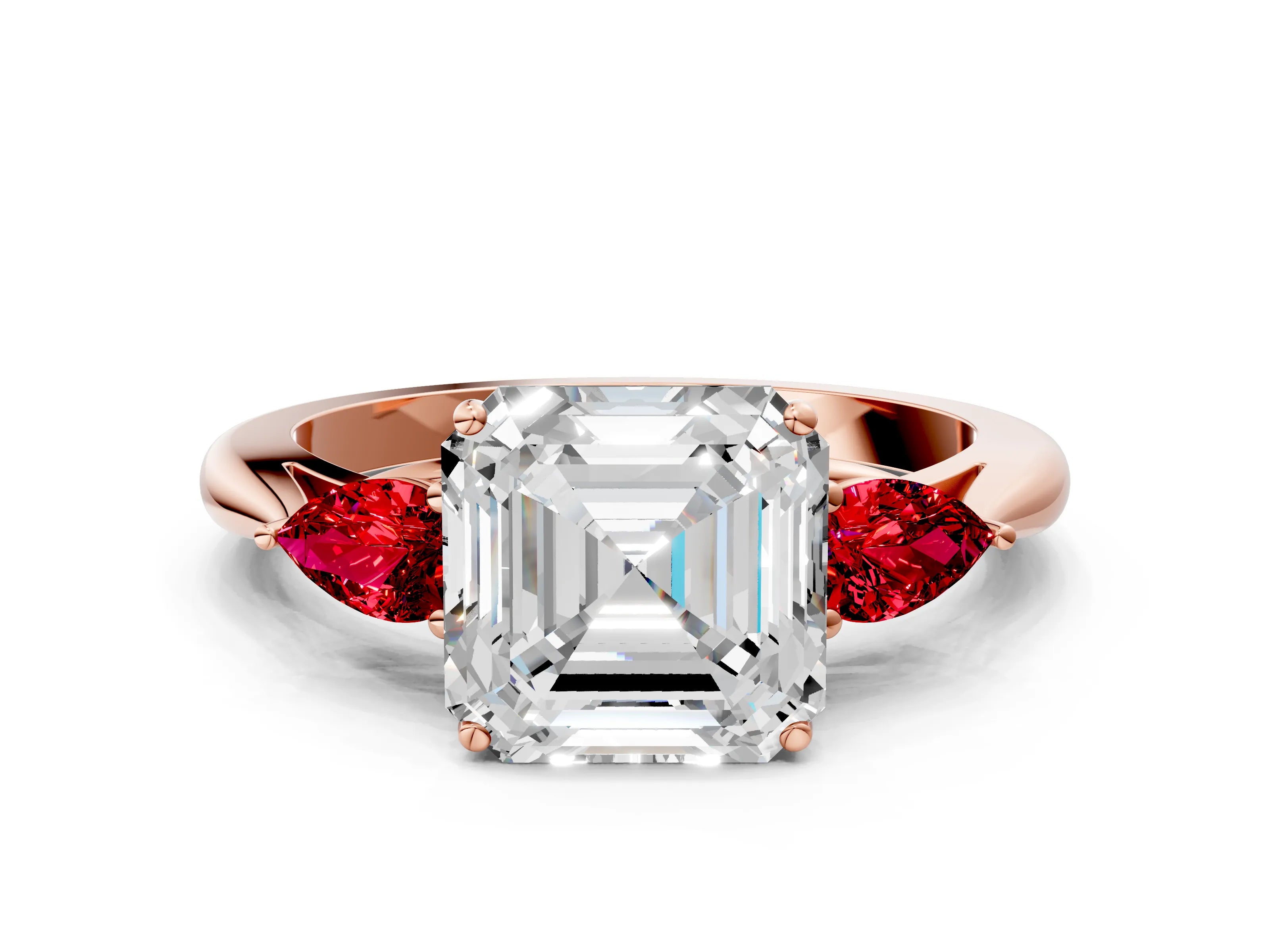 Rose gold Asscher Cut Diamond Three-Stone Ring with Pear with Ruby side stone Side Stones and Prong Setting