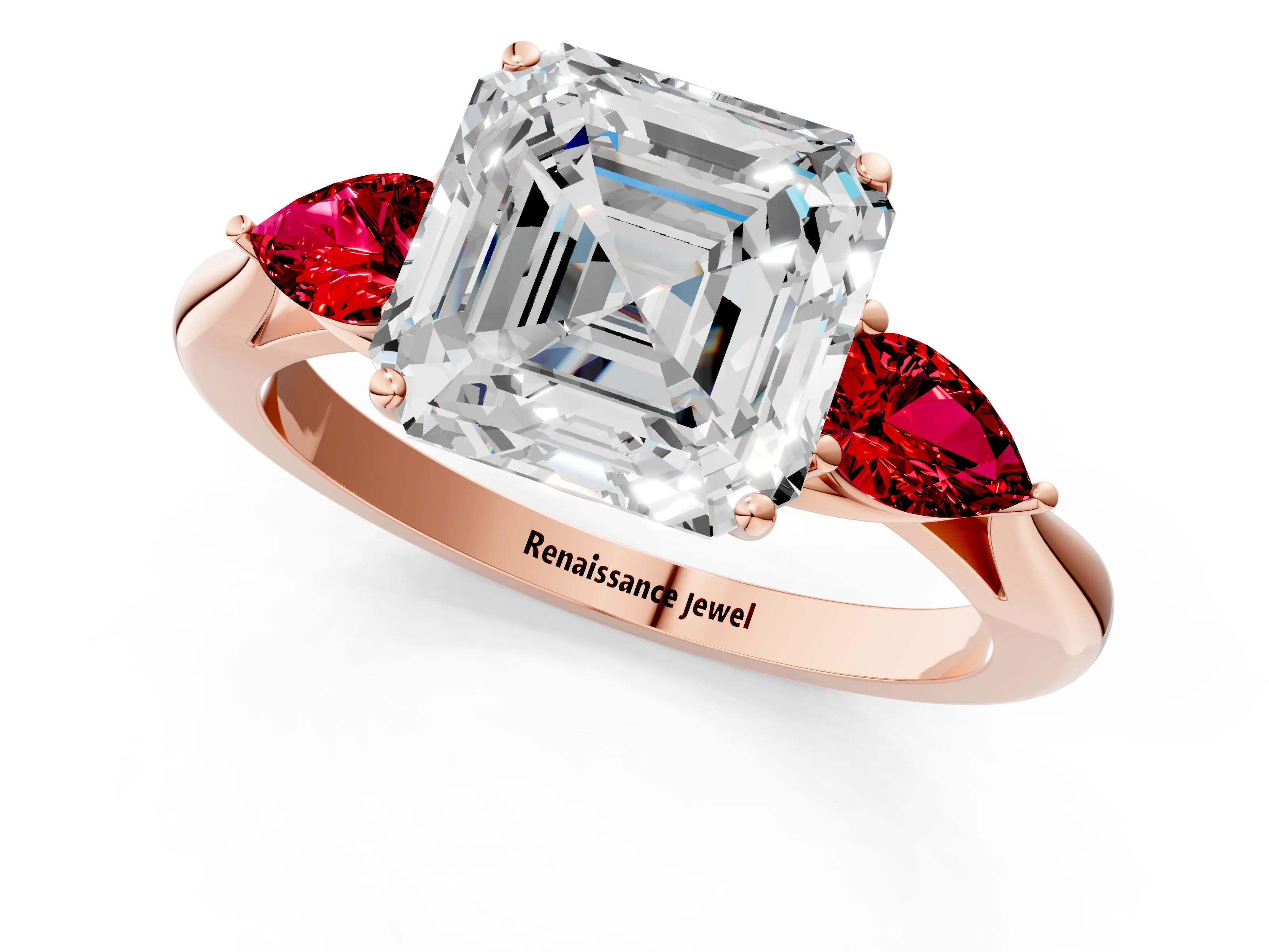Rose gold Asscher Cut Diamond Three-Stone Ring with Pear with Ruby side stone Side Stones and Prong Setting_1