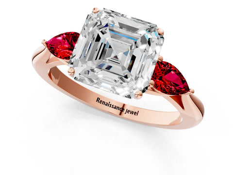 Rose gold Asscher Cut Diamond Three-Stone Ring with Pear with Ruby side stone Side Stones and Prong Setting_1