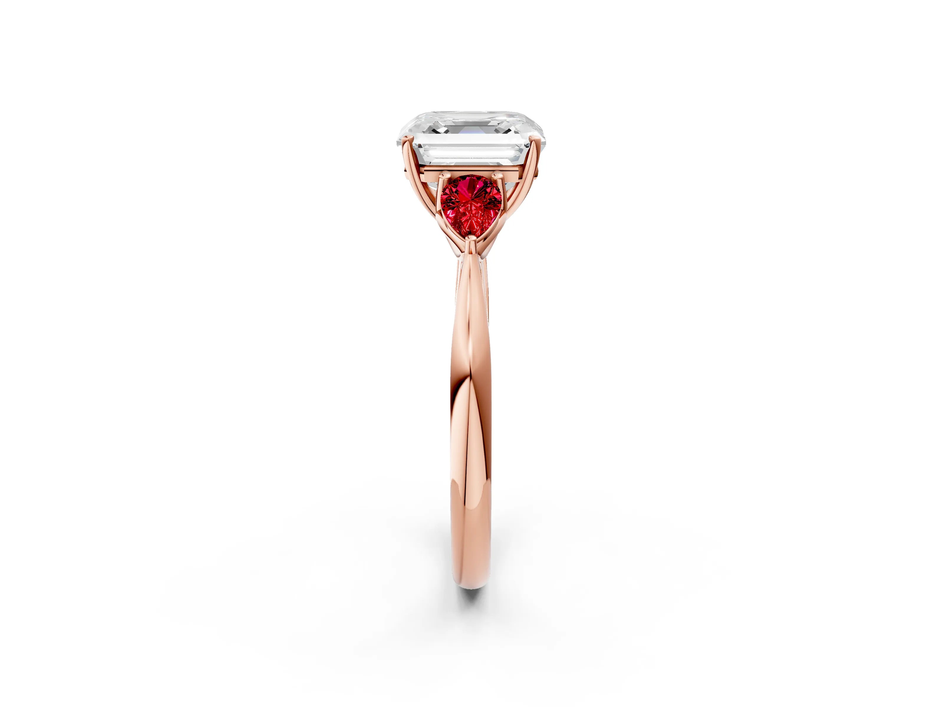 Rose gold Asscher Cut Diamond Three-Stone Ring with Pear with Ruby side stone Side Stones and Prong Setting_2