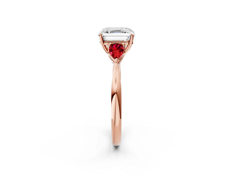 Rose gold Asscher Cut Diamond Three-Stone Ring with Pear with Ruby side stone Side Stones and Prong Setting_2