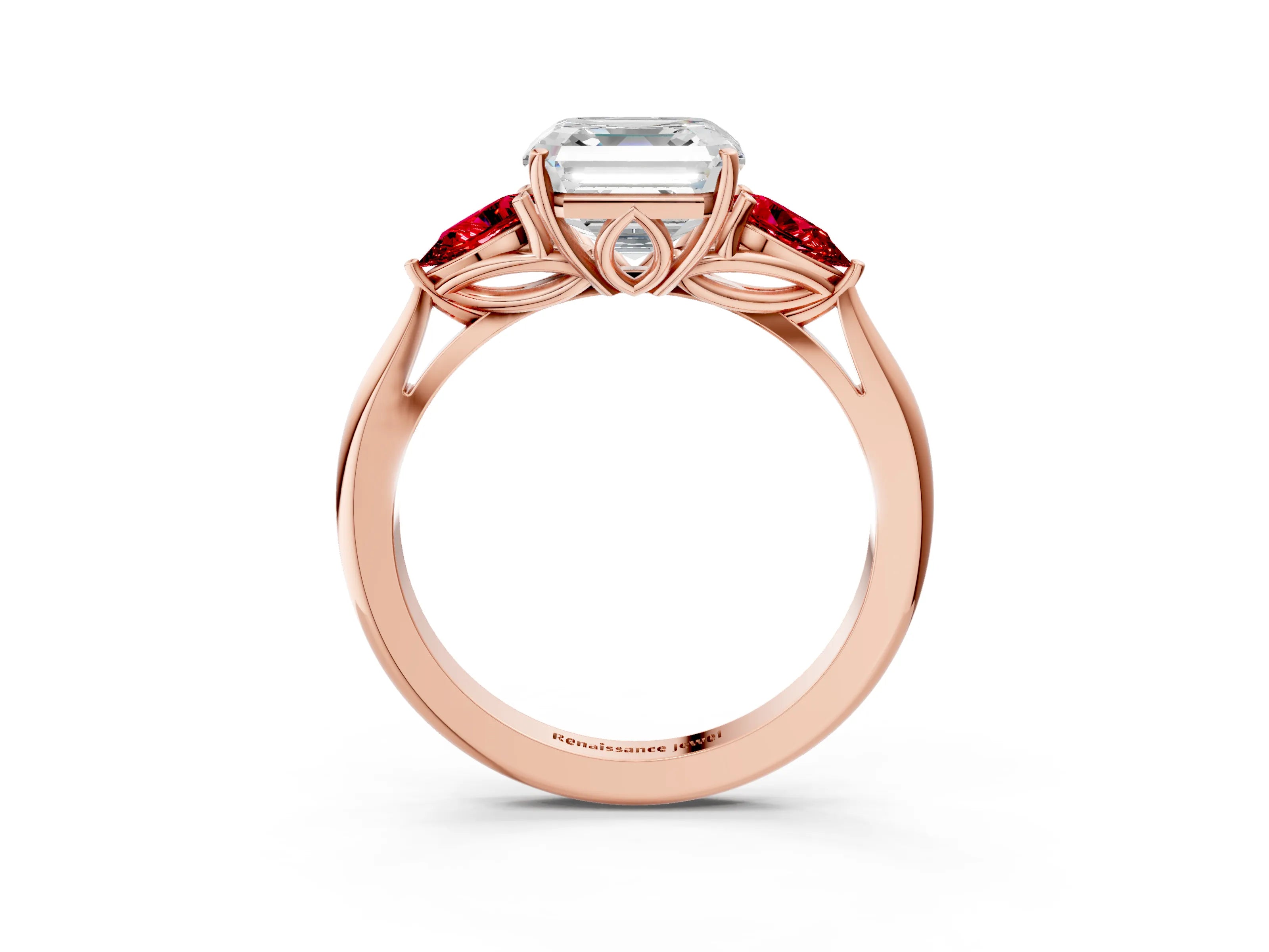 Rose gold Asscher Cut Diamond Three-Stone Ring with Pear with Ruby side stone Side Stones and Prong Setting_3