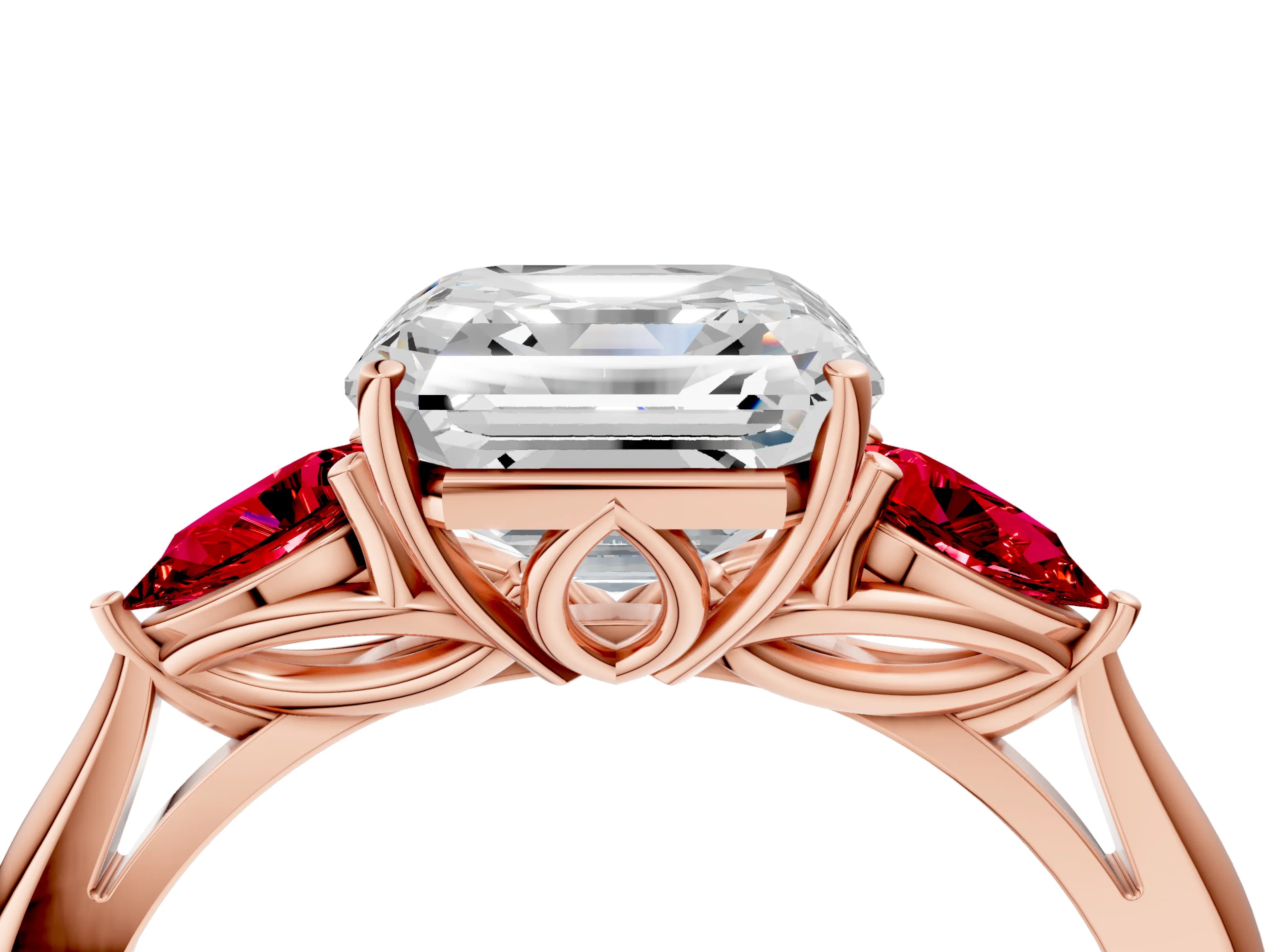 Rose gold Asscher Cut Diamond Three-Stone Ring with Pear with Ruby side stone Side Stones and Prong Setting_4