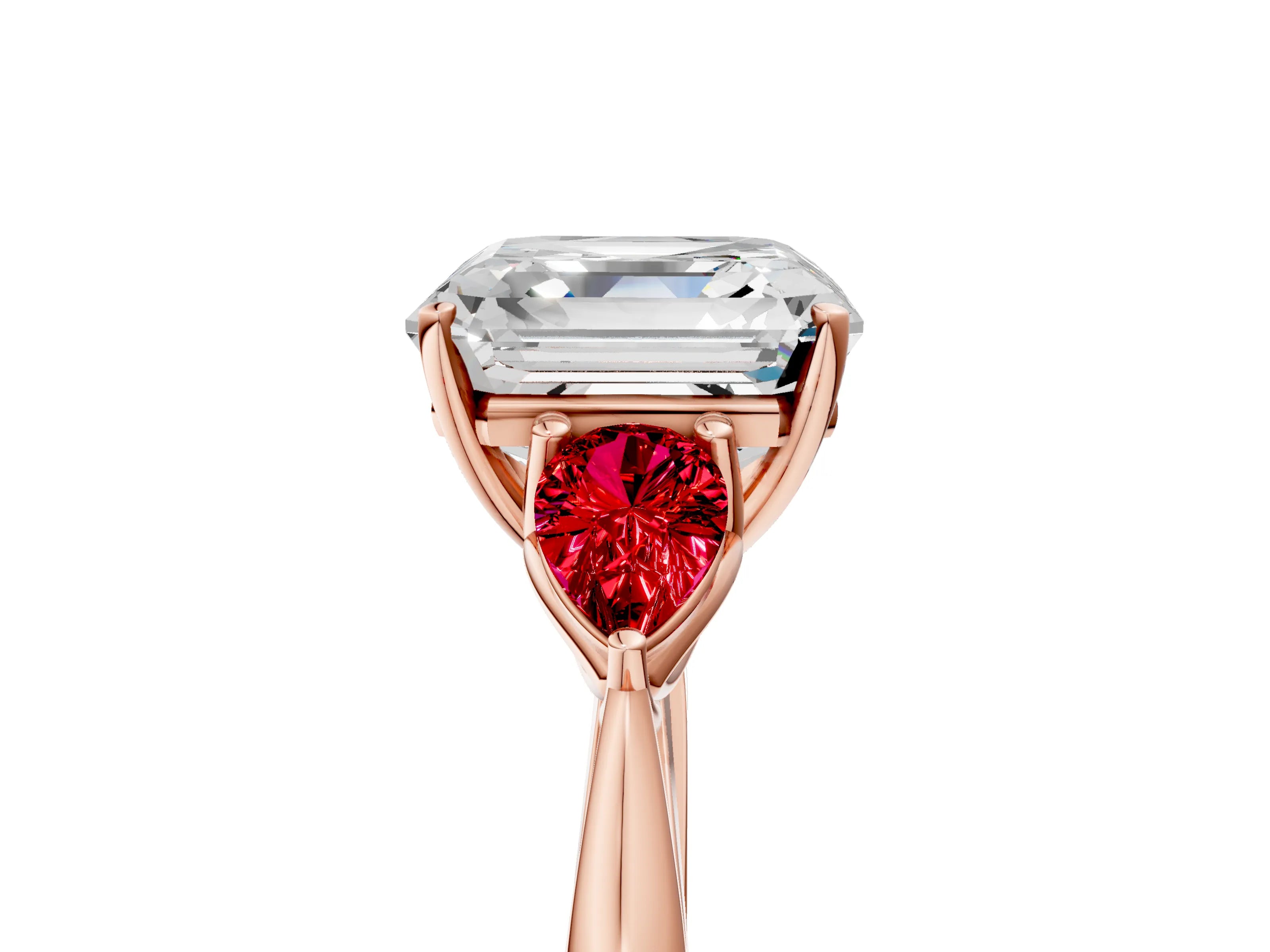 Rose gold Asscher Cut Diamond Three-Stone Ring with Pear with Ruby side stone Side Stones and Prong Setting_5