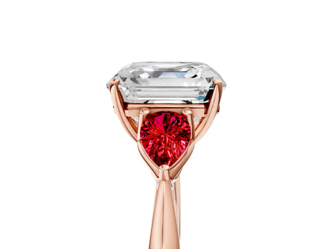 Rose gold Asscher Cut Diamond Three-Stone Ring with Pear with Ruby side stone Side Stones and Prong Setting_5