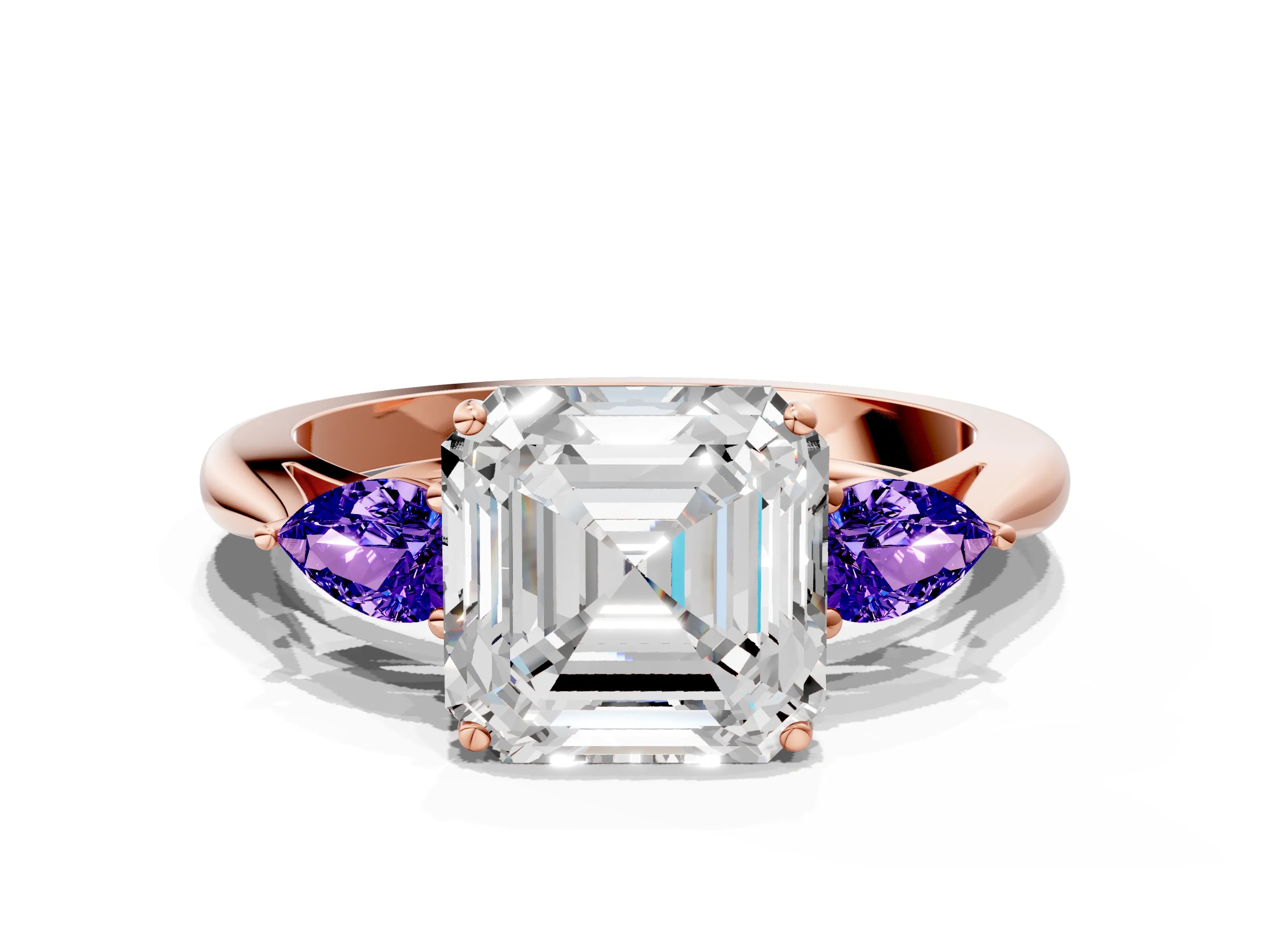 Rose gold Asscher Cut Diamond Three-Stone Ring with Pear with Tanzanite side stone Side Stones and Prong Setting