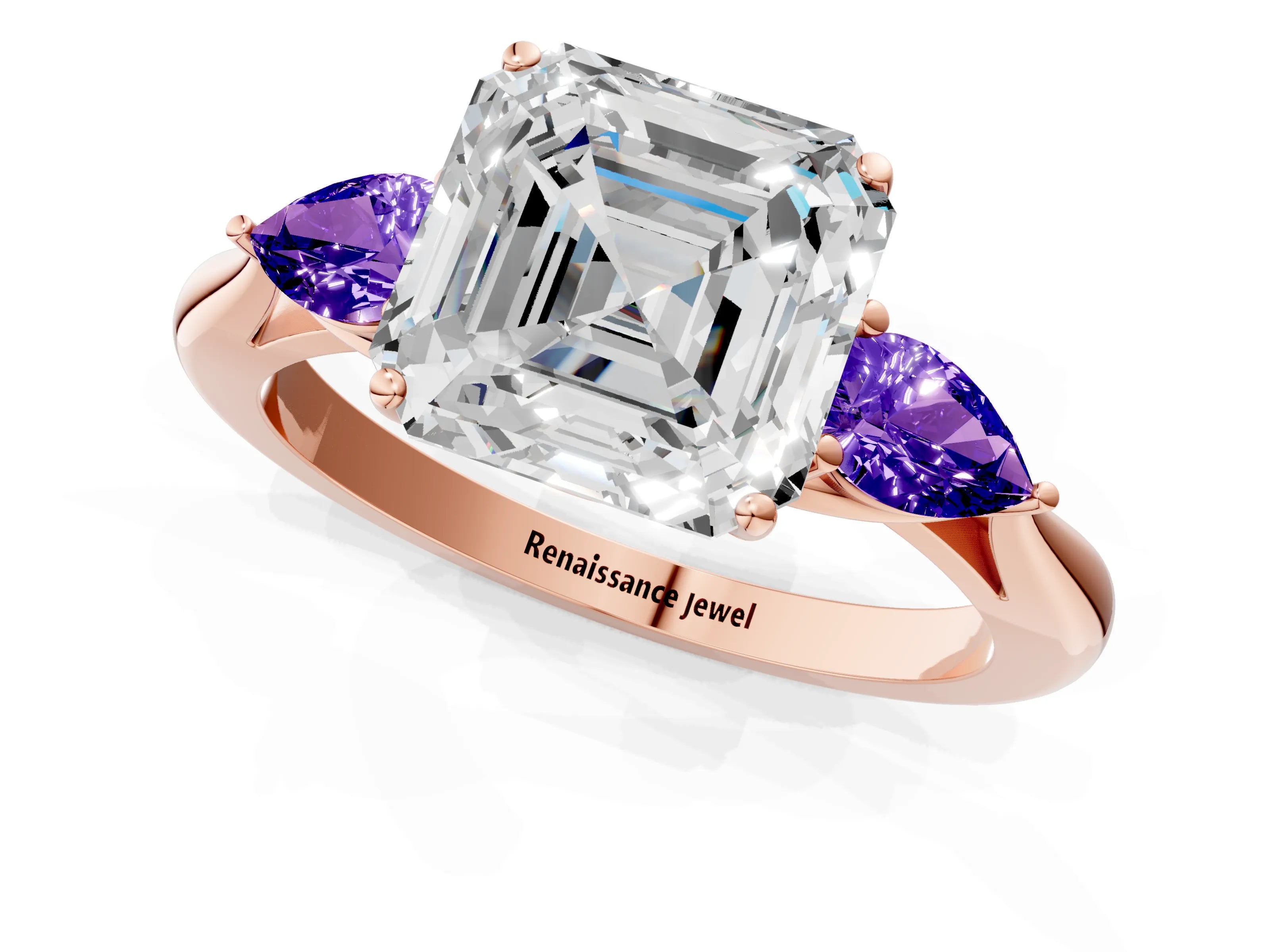 Rose gold Asscher Cut Diamond Three-Stone Ring with Pear with Tanzanite side stone Side Stones and Prong Setting_1