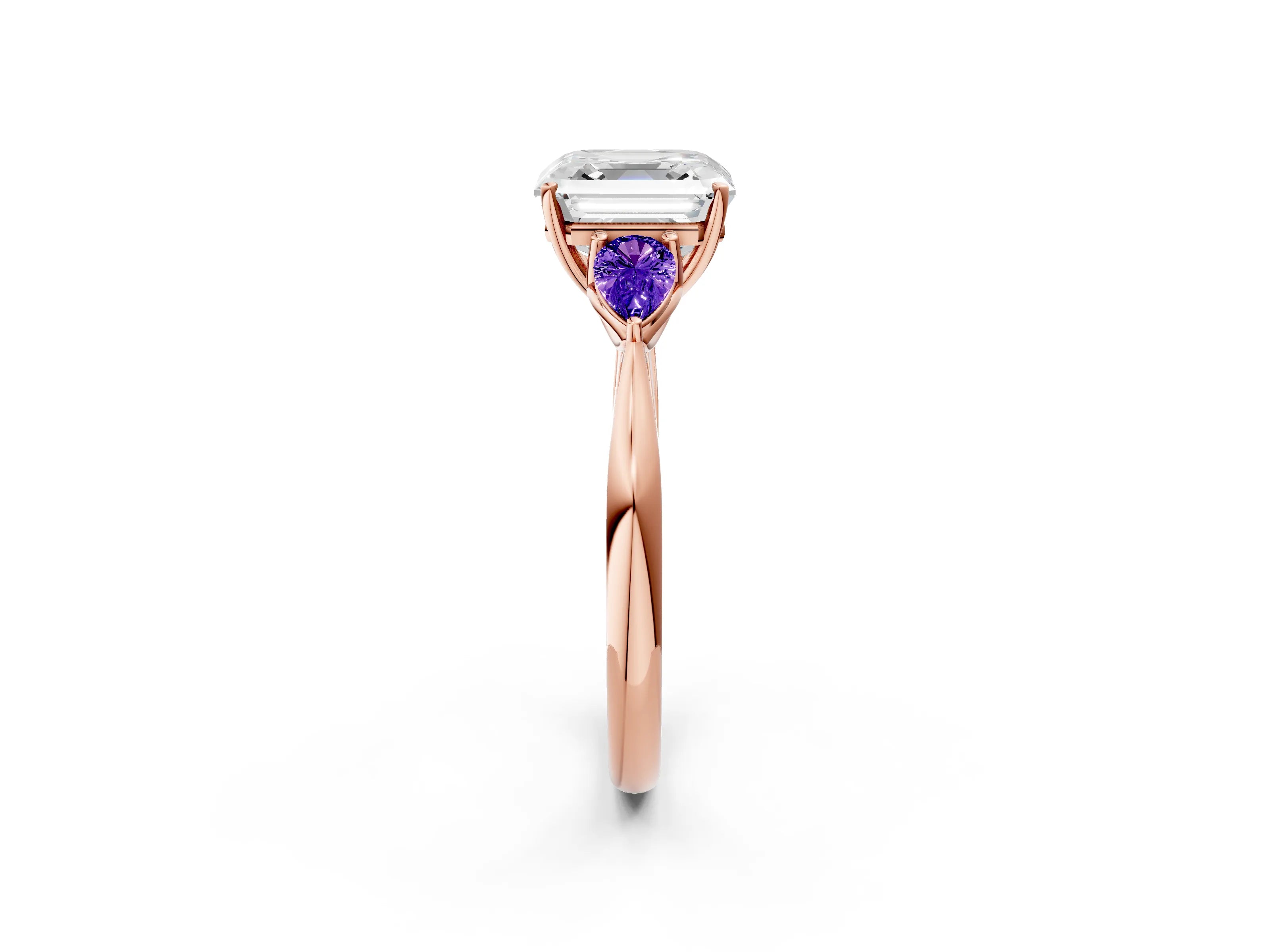 Rose gold Asscher Cut Diamond Three-Stone Ring with Pear with Tanzanite side stone Side Stones and Prong Setting_2