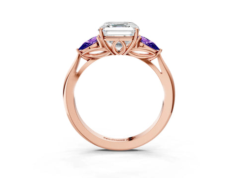 Rose gold Asscher Cut Diamond Three-Stone Ring with Pear with Tanzanite side stone Side Stones and Prong Setting_3