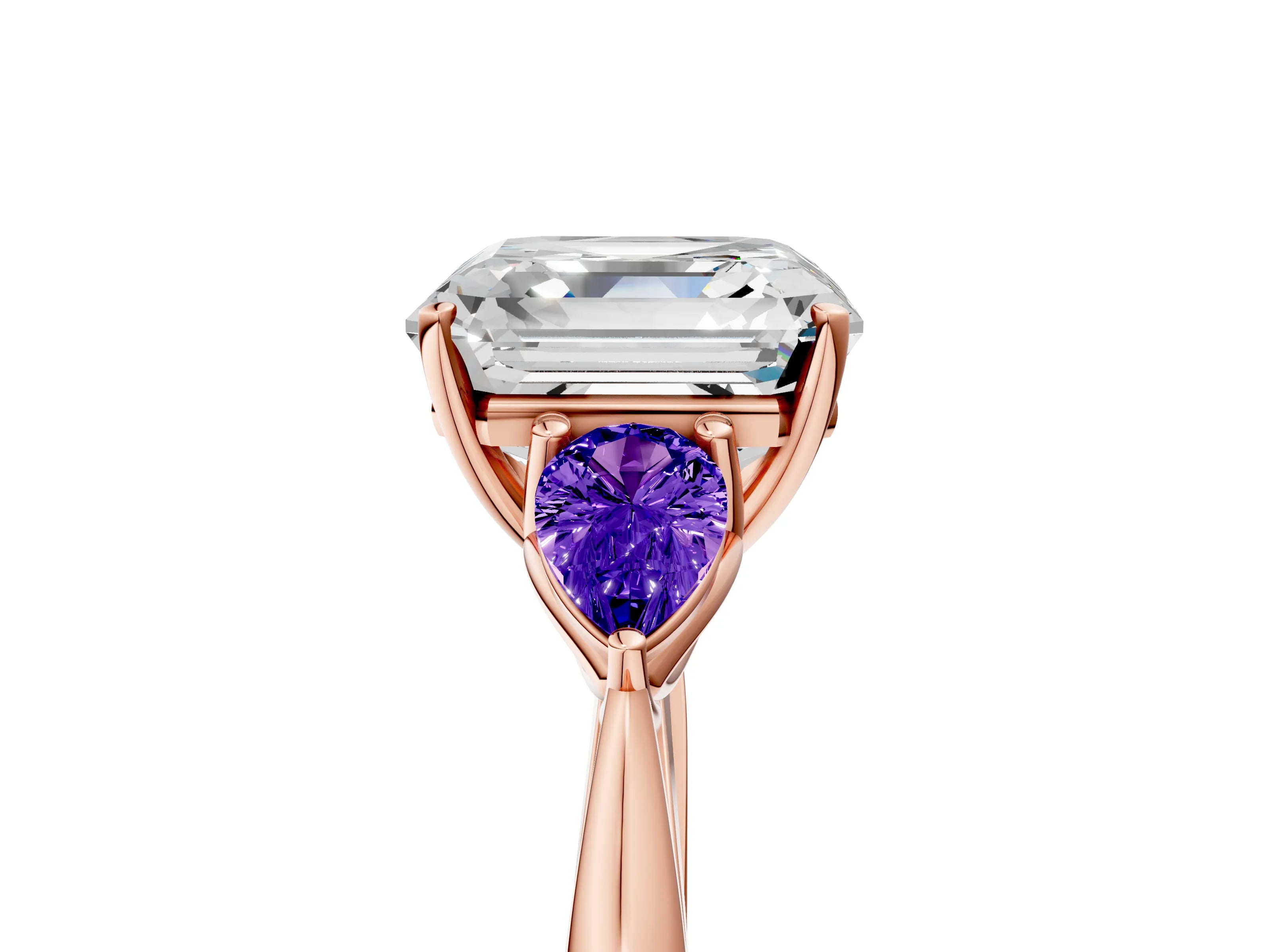 Rose gold Asscher Cut Diamond Three-Stone Ring with Pear with Tanzanite side stone Side Stones and Prong Setting_5
