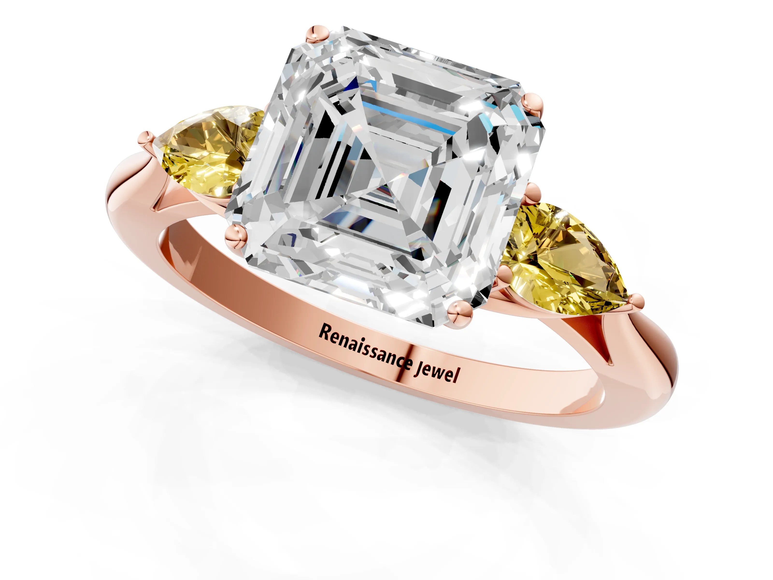 Rose gold Asscher Cut Diamond Three-Stone Ring with Pear with Yellow Sapphire side stone Side Stones and Prong Setting_1