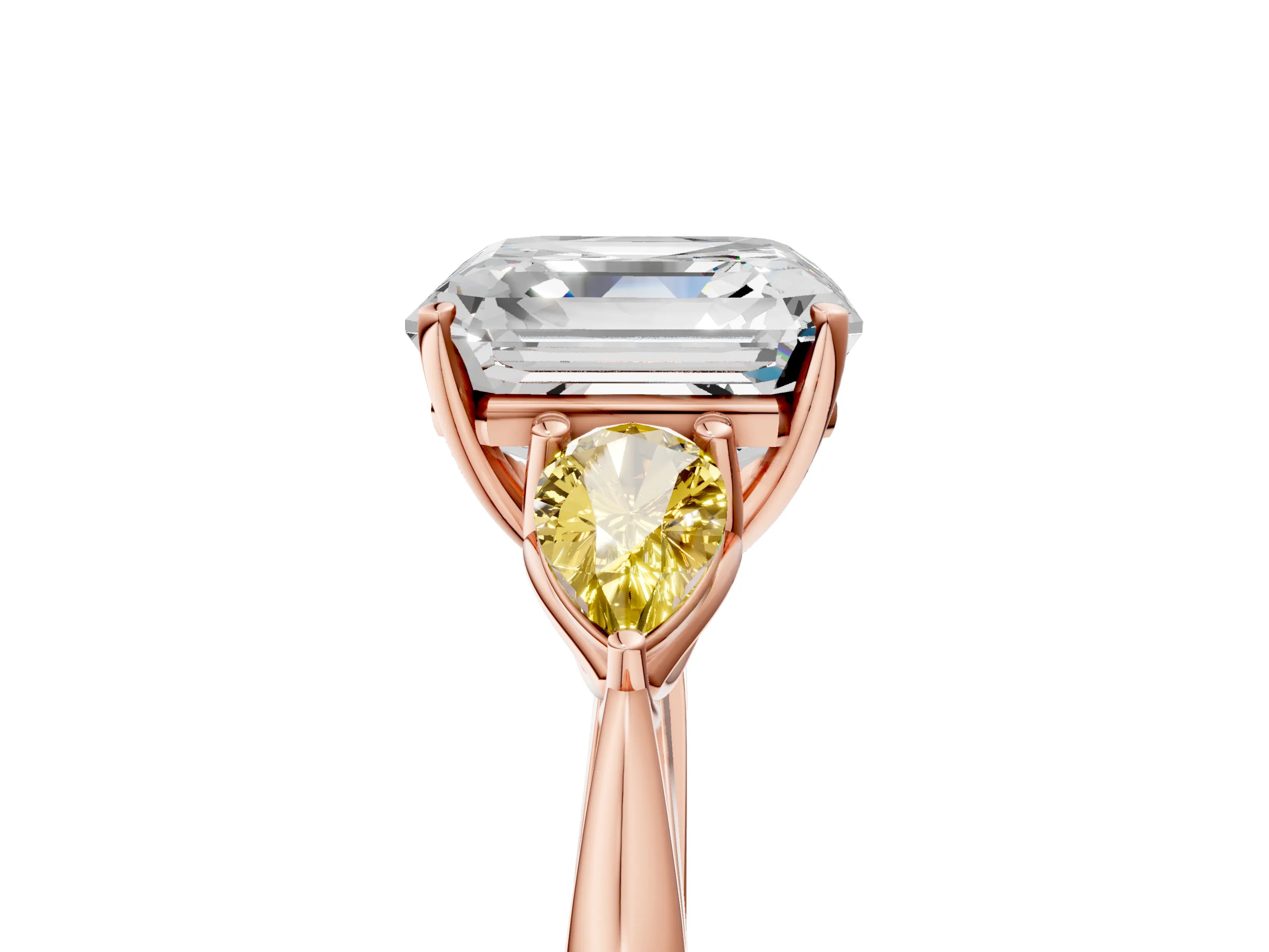 Rose gold Asscher Cut Diamond Three-Stone Ring with Pear with Yellow Sapphire side stone Side Stones and Prong Setting_5