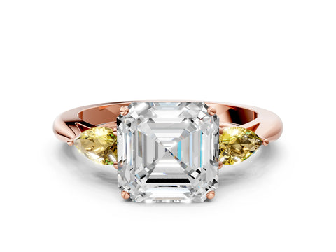 Rose gold Asscher Cut Diamond Three-Stone Ring with Pear with Yellow Sapphire side stone Side Stones and Prong Setting