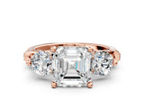 Rose gold Asscher Cut Diamond Three-Stone Ring with Prong Setting and Pavé Band_3