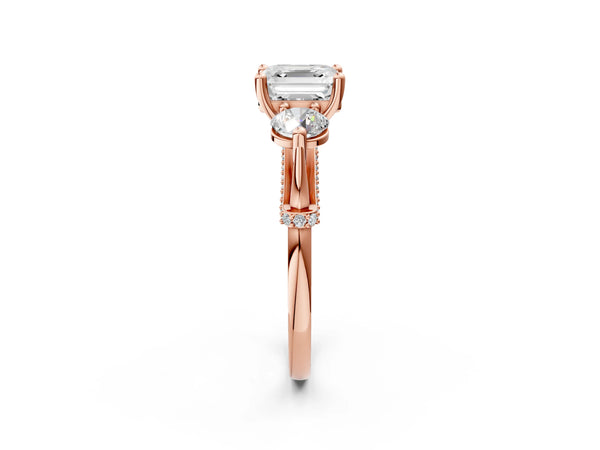 Rose Gold Asscher Cut Curved Pave Three Stone Engagement Ring Setting