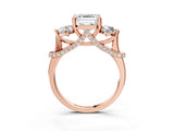 Rose gold Asscher Cut Diamond Three-Stone Ring with Prong Setting and Pavé Band_6