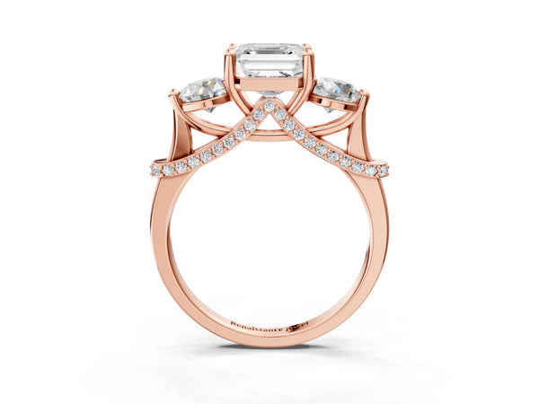 Rose Gold Asscher Cut Curved Pave Three Stone Engagement Ring Setting