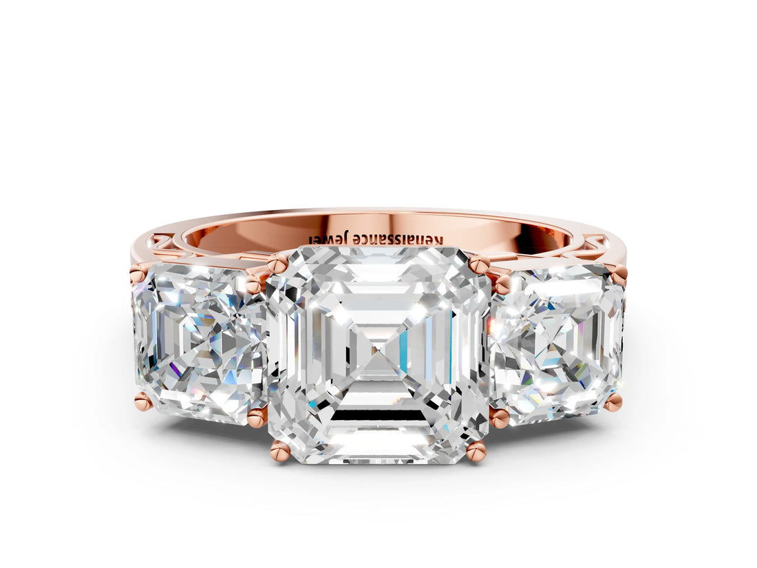 Rose gold Asscher Cut Diamond Three-Stone Ring with Prong Setting and Textured Band_3