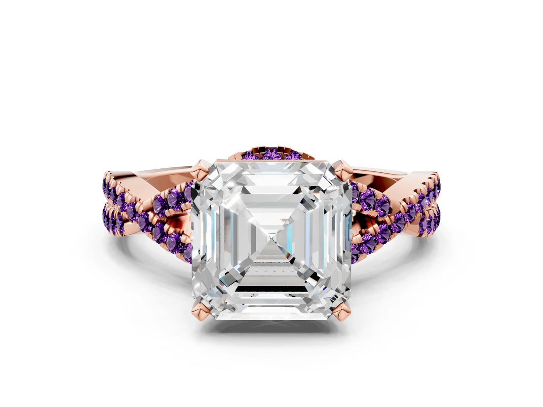 Rose gold Asscher Cut Diamond with Amethyst side stone Halo Twist Band Solitaire Prong Setting Ring_12