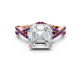 Rose gold Asscher Cut Diamond with Amethyst side stone Halo Twist Band Solitaire Prong Setting Ring_12