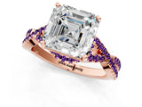 Rose gold Asscher Cut Diamond with Amethyst side stone Halo Twist Band Solitaire Prong Setting Ring_13