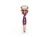 Rose gold Asscher Cut Diamond with Amethyst side stone Halo Twist Band Solitaire Prong Setting Ring_14