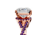 Rose gold Asscher Cut Diamond with Amethyst side stone Halo Twist Band Solitaire Prong Setting Ring_17
