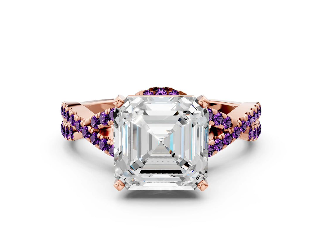 Rose gold Asscher Cut Diamond with Amethyst side stone Halo Twist Band Solitaire Prong Setting Ring_24