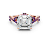 Rose gold Asscher Cut Diamond with Amethyst side stone Halo Twist Band Solitaire Prong Setting Ring_24