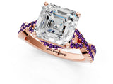 Rose gold Asscher Cut Diamond with Amethyst side stone Halo Twist Band Solitaire Prong Setting Ring_25