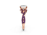 Rose gold Asscher Cut Diamond with Amethyst side stone Halo Twist Band Solitaire Prong Setting Ring_26