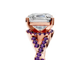 Rose gold Asscher Cut Diamond with Amethyst side stone Halo Twist Band Solitaire Prong Setting Ring_29