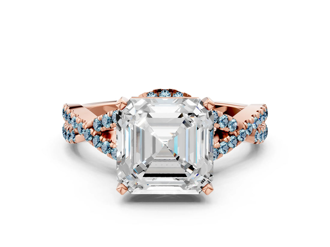Rose gold Asscher Cut Diamond with Aquamarine side stone Halo Twist Band Solitaire Prong Setting Ring_36