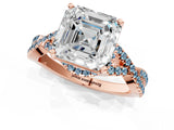 Rose gold Asscher Cut Diamond with Aquamarine side stone Halo Twist Band Solitaire Prong Setting Ring_37