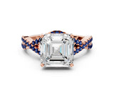 Rose gold Asscher Cut Diamond with Blue Sapphire side stone Halo Twist Band Solitaire Prong Setting Ring_12